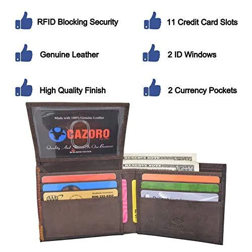 Cazoro RFID Blocking Bifold Wallet Passcase Genuine Leather and Flip Up ID Mens Wallets RFID611297