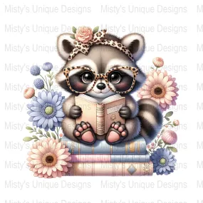 Cute Raccoon Reading Books Clipart, Adorable Animal with Glasses Digital Download, Woodland Animal Printable PNG, Instant Download