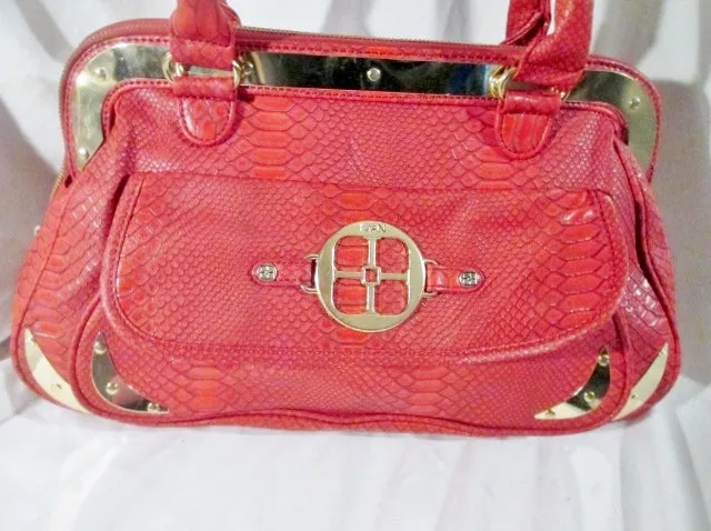 IMAN Vegan leather faux snakeskin python tote bag satchel RED purse L