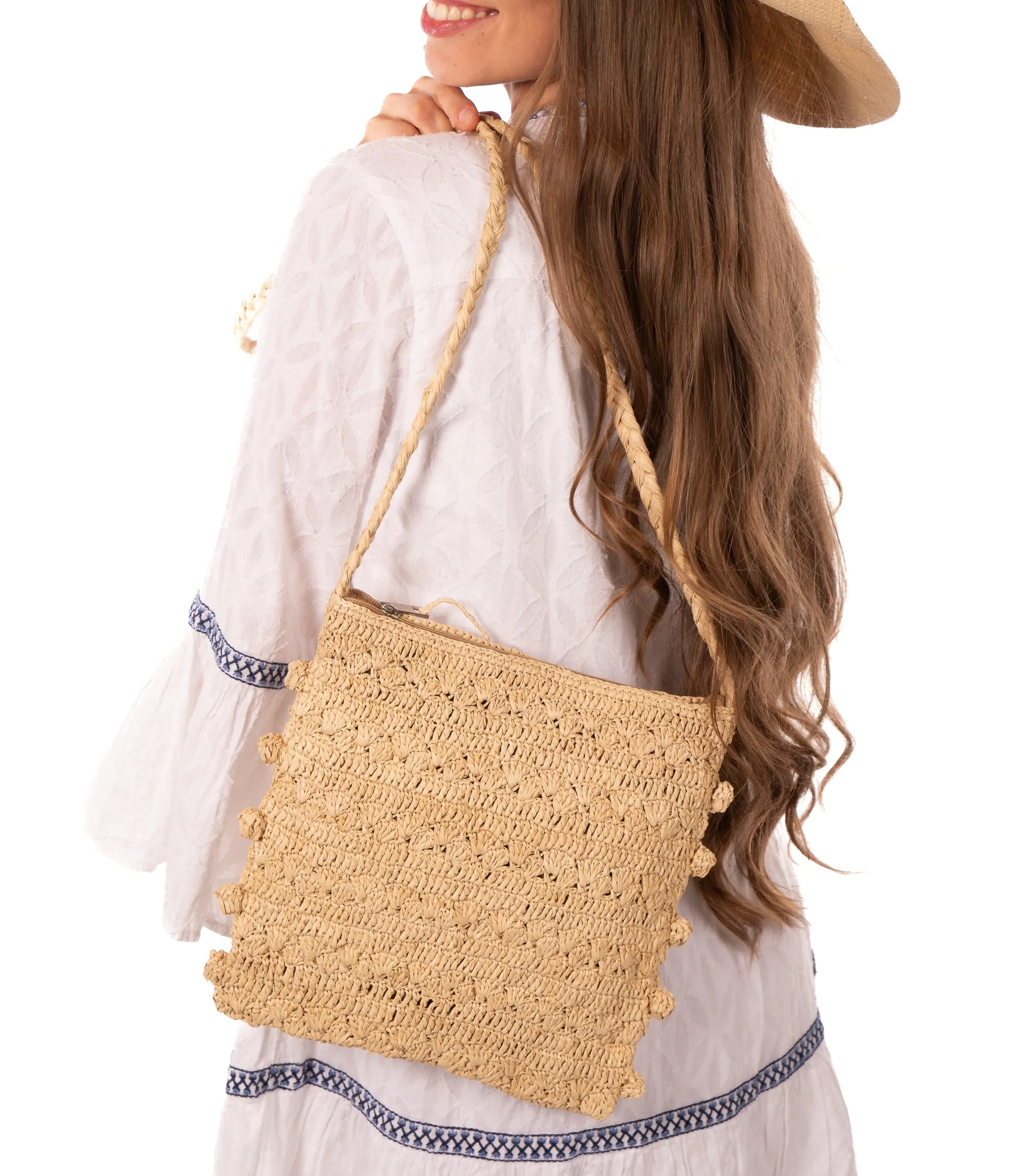 Kristen Crochet Straw Crossbody Bag with Nub Edge