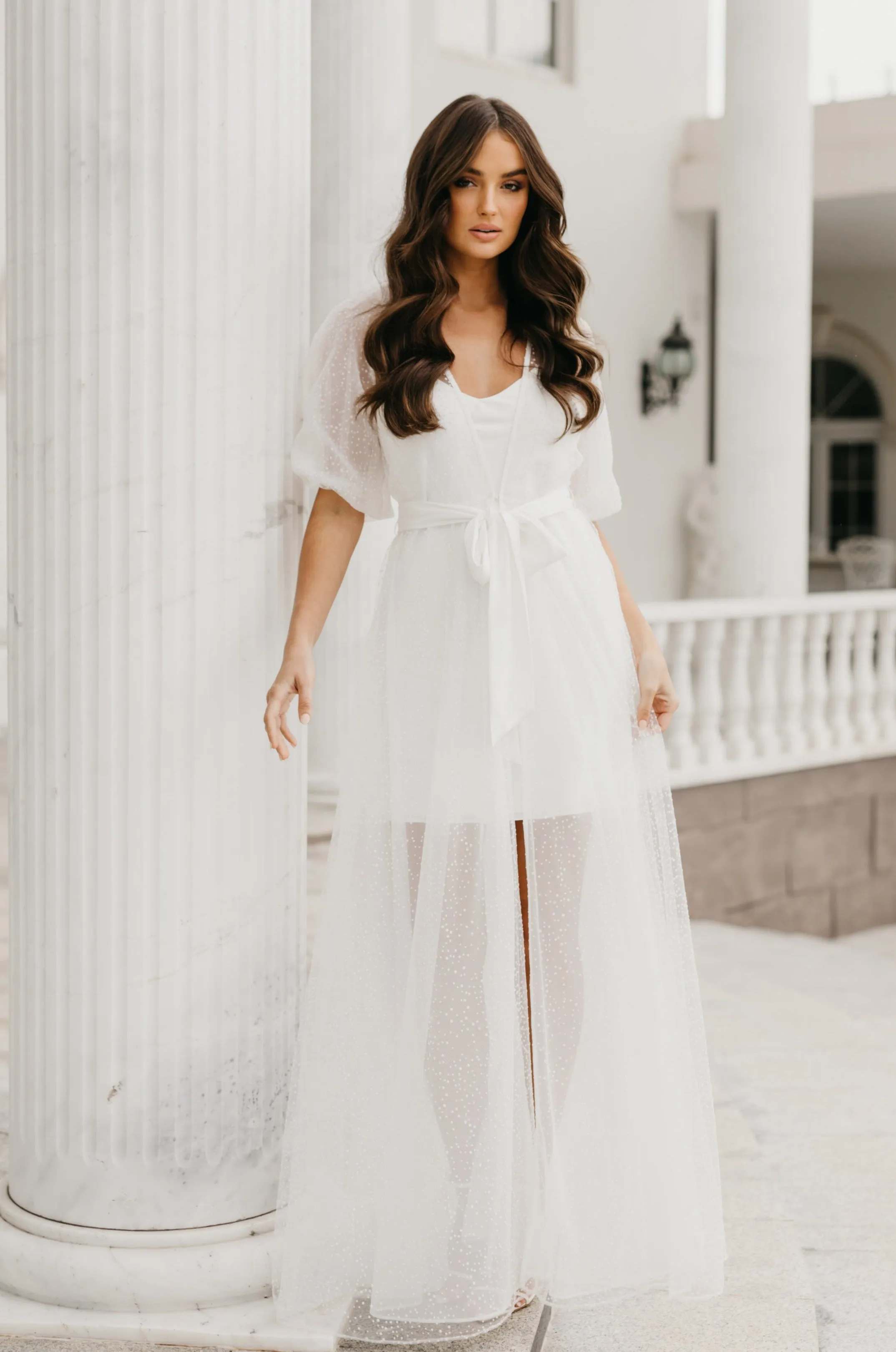 Mila Flocked Spot Lace Maxi Bridal Robe - Includes Slip