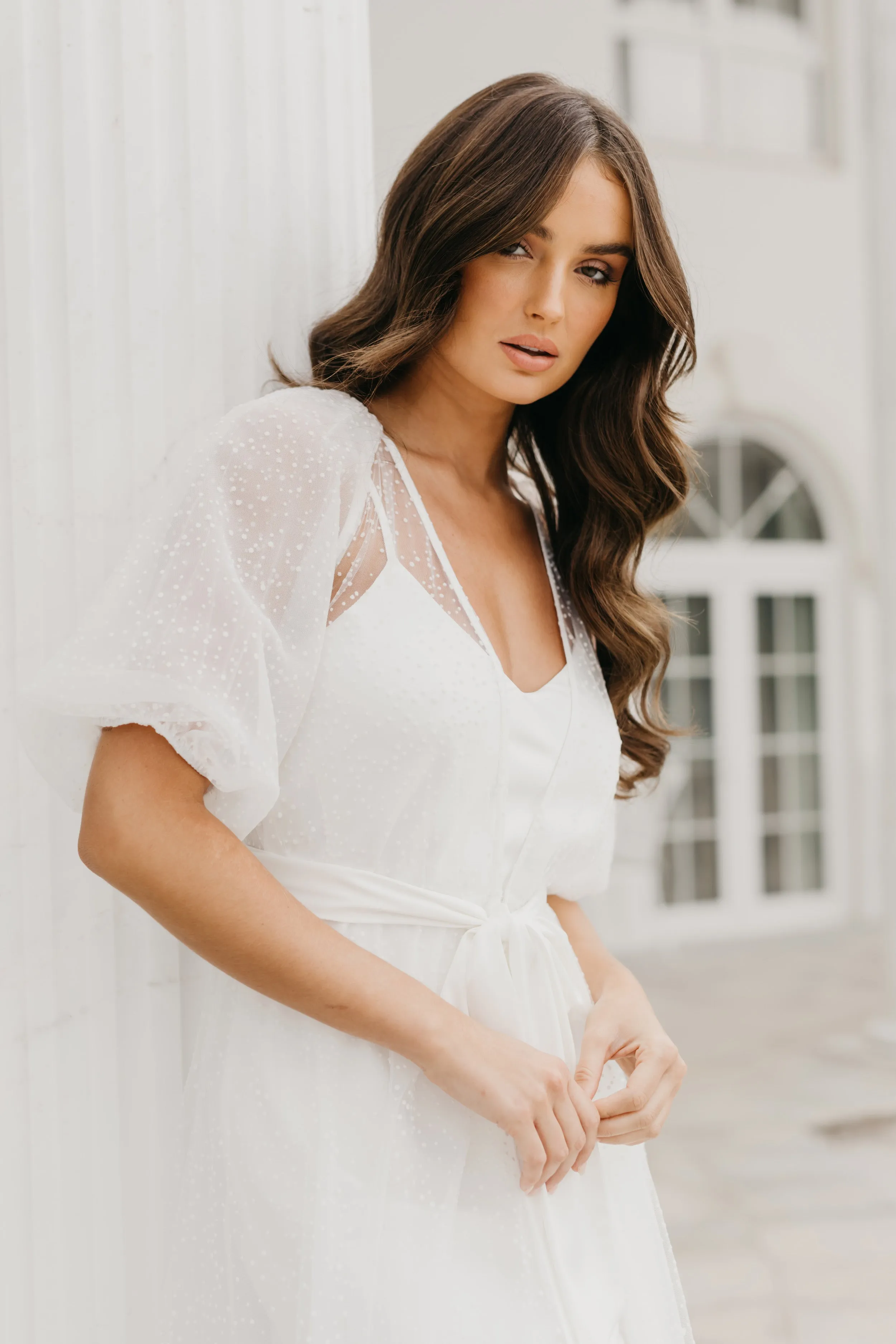 Mila Flocked Spot Lace Maxi Bridal Robe - Includes Slip