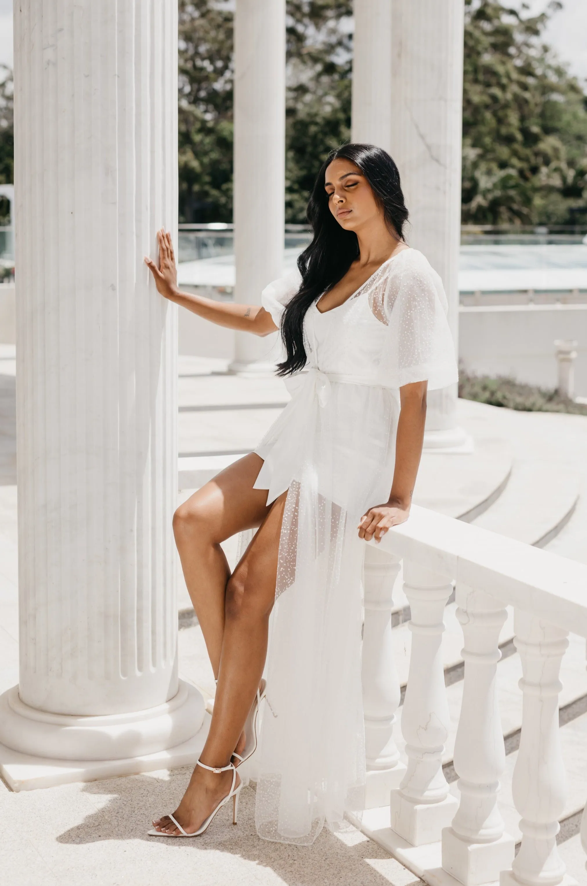 Mila Flocked Spot Lace Maxi Bridal Robe - Includes Slip