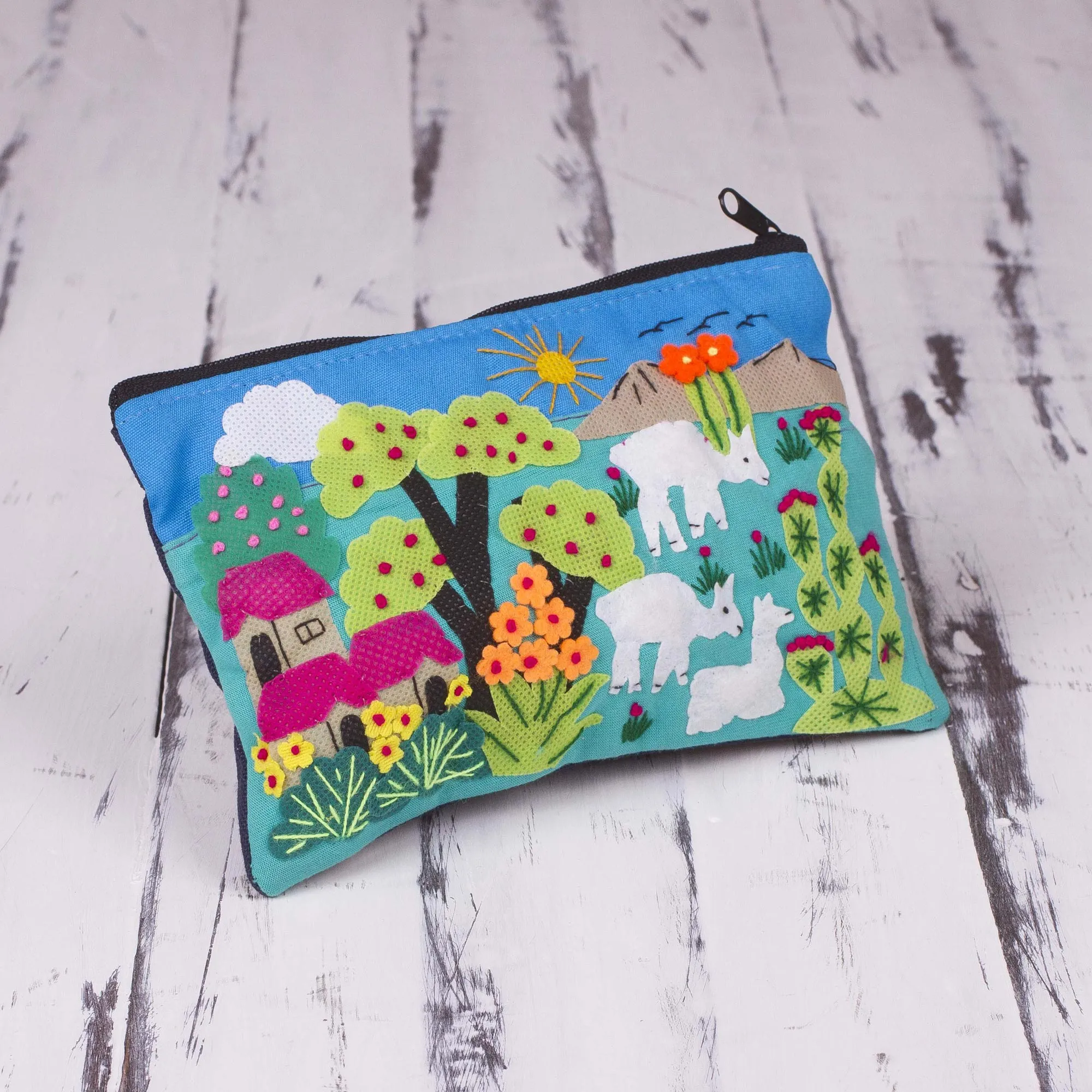 Patchwork Fair Trade Cosmetic Case with Peruvian Landscape - Blue Alpaca Afternoon | NOVICA