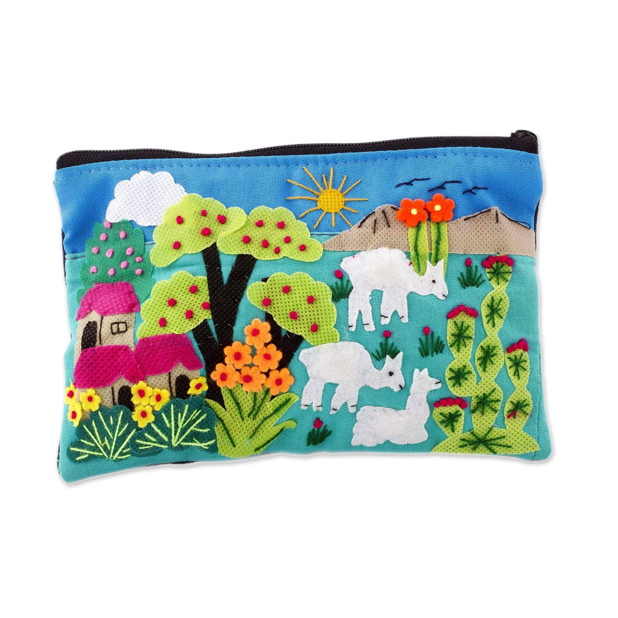 Patchwork Fair Trade Cosmetic Case with Peruvian Landscape - Blue Alpaca Afternoon | NOVICA