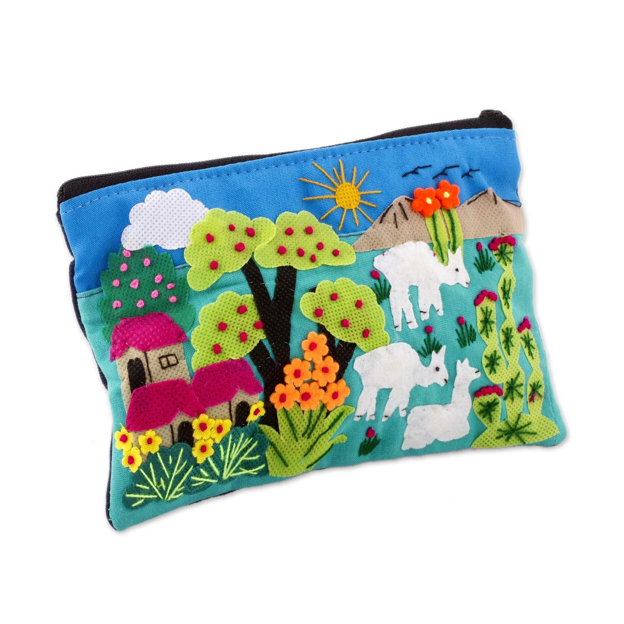 Patchwork Fair Trade Cosmetic Case with Peruvian Landscape - Blue Alpaca Afternoon | NOVICA
