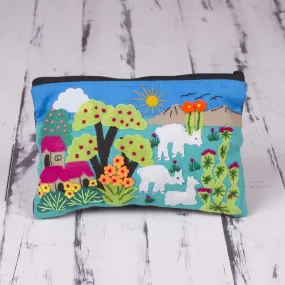 Patchwork Fair Trade Cosmetic Case with Peruvian Landscape - Blue Alpaca Afternoon | NOVICA