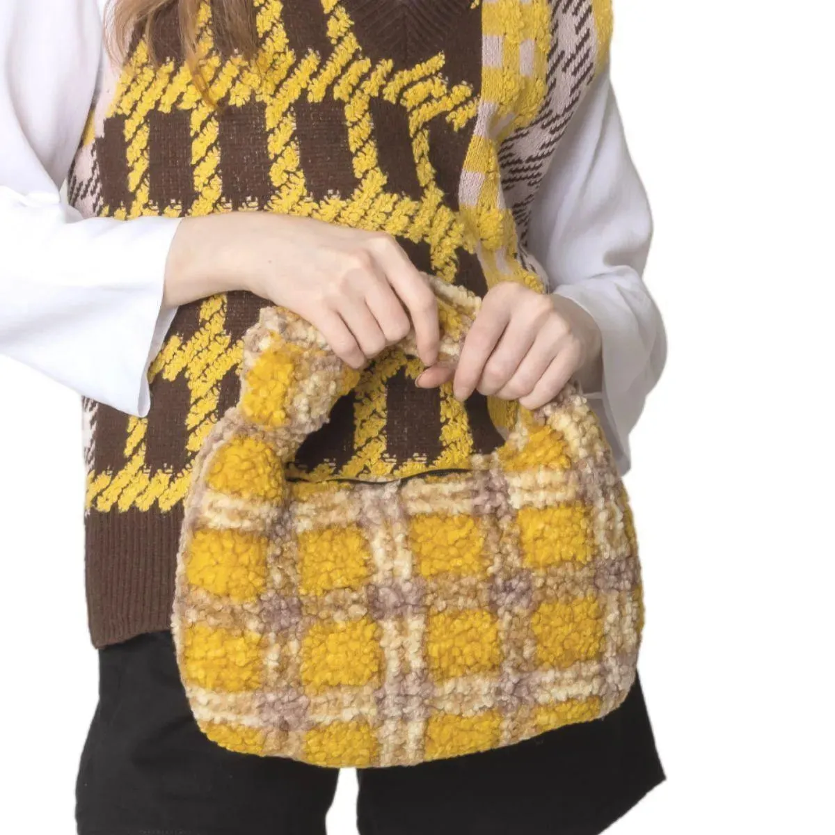 Sherpa Handbag Yellow Plaid Print