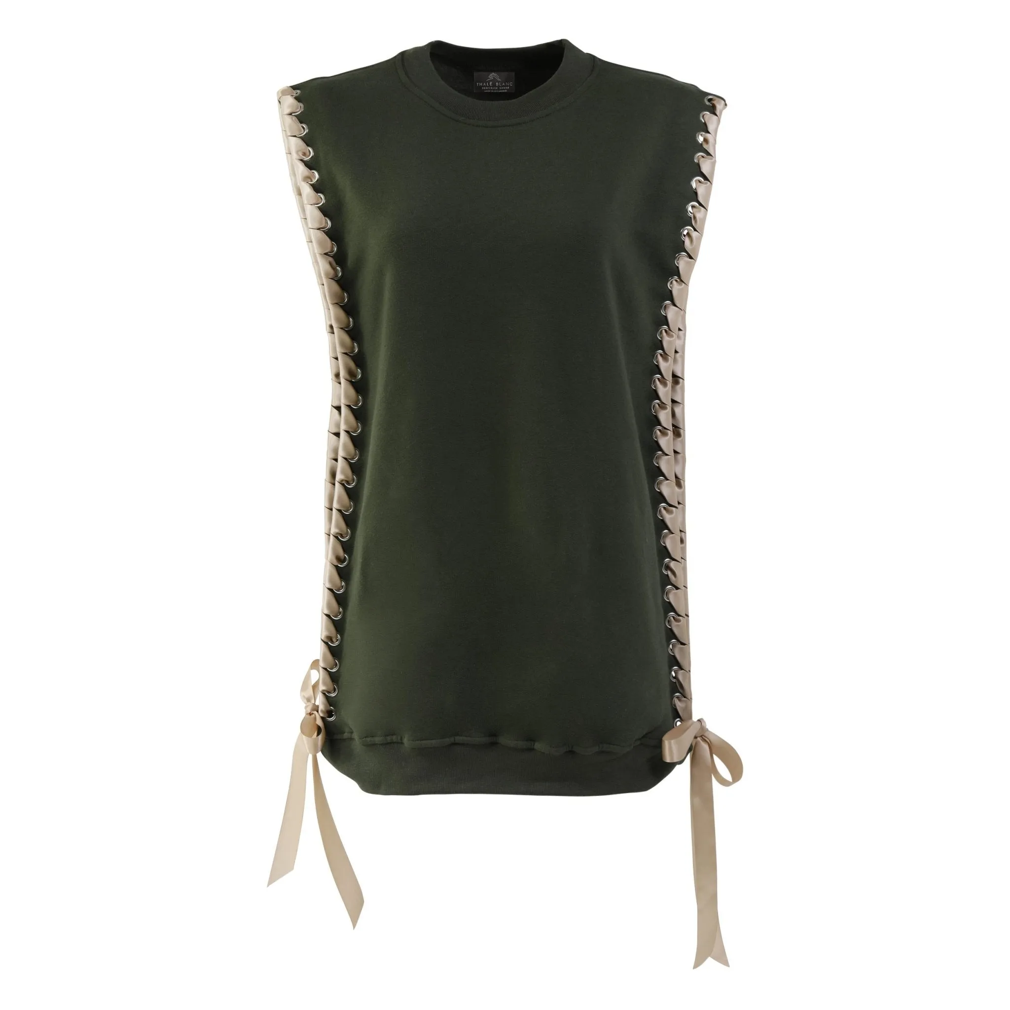 Sleeveless Crewneck with Ribbon in Olive