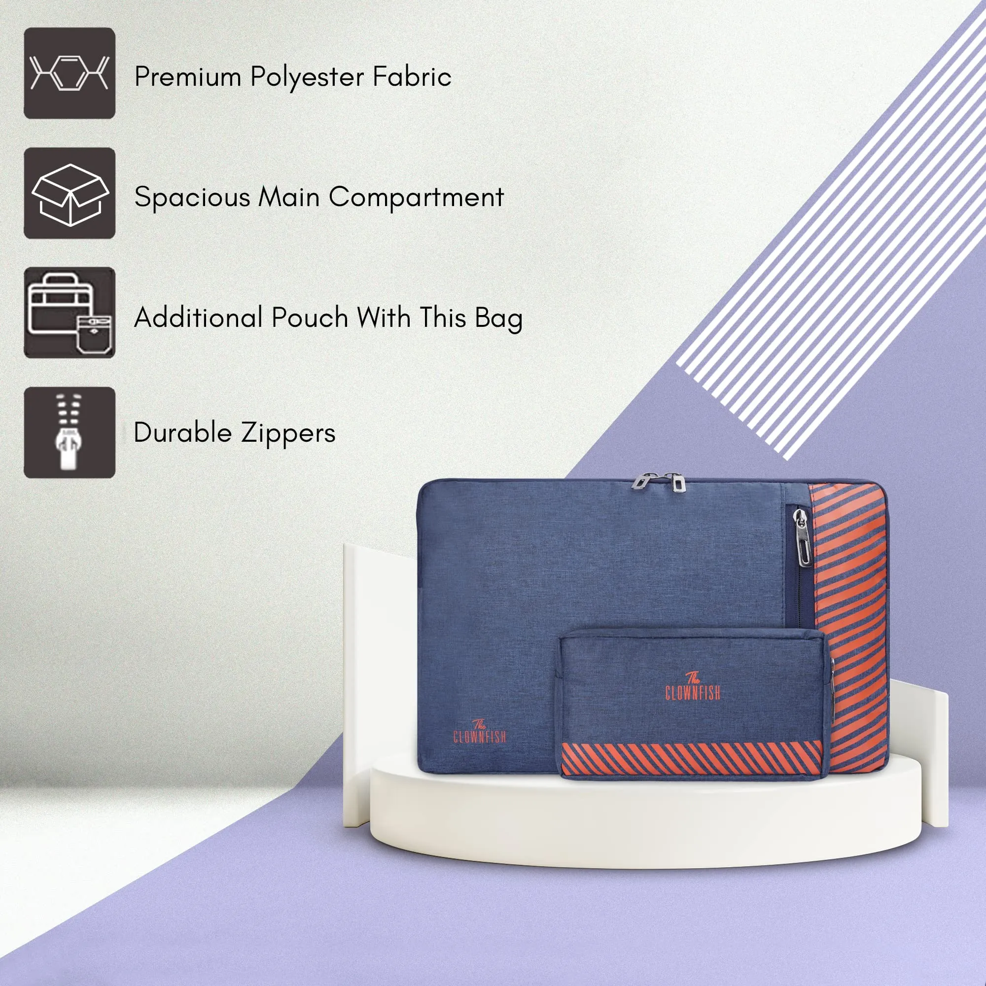The Clownfish Combo of Algo Series Polyester 15.6 inch Laptop Sleeve & Scholar Series Multipurpose Polyester Travel Pouch Pencil Case Toiletry Bag (Blue)