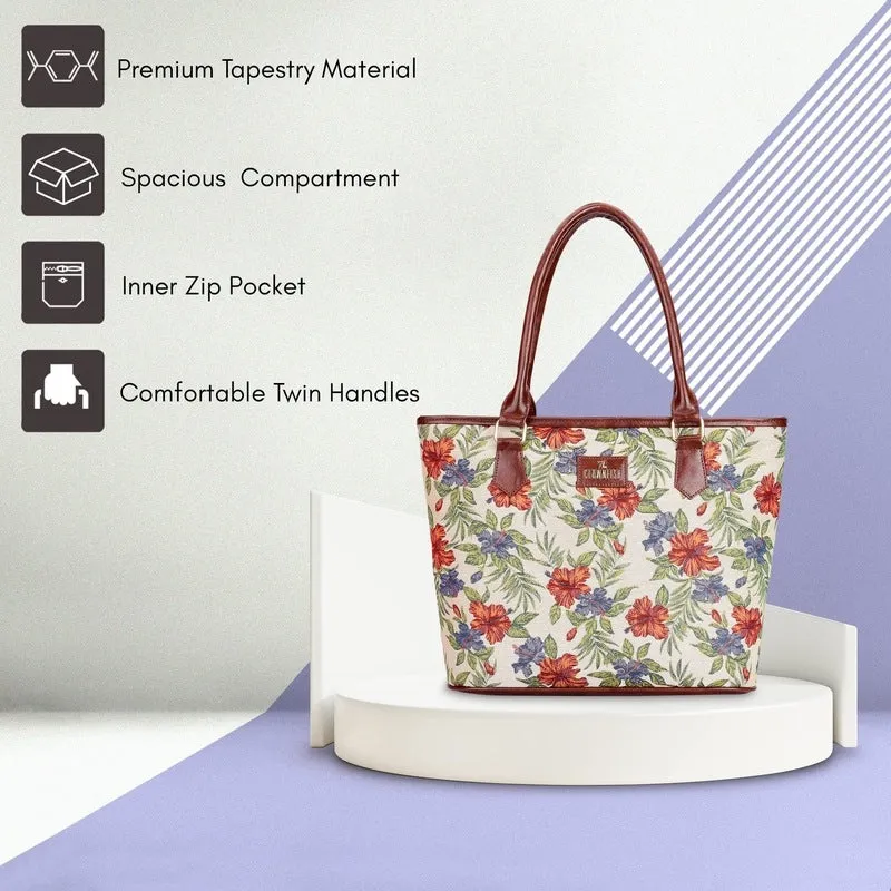 THE CLOWNFISH Mackenzie Series Tapestry Fabric & Faux Leather Handbag for Women Office Bag Ladies Shoulder Bag Tote for Women College Girls (Brown-Floral)