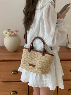 VAIGE Summer Vacation Woven Straw Shoulder Bag with Interior Zipper Pocket - Retro Design Portable Crossbody Tote Handbag