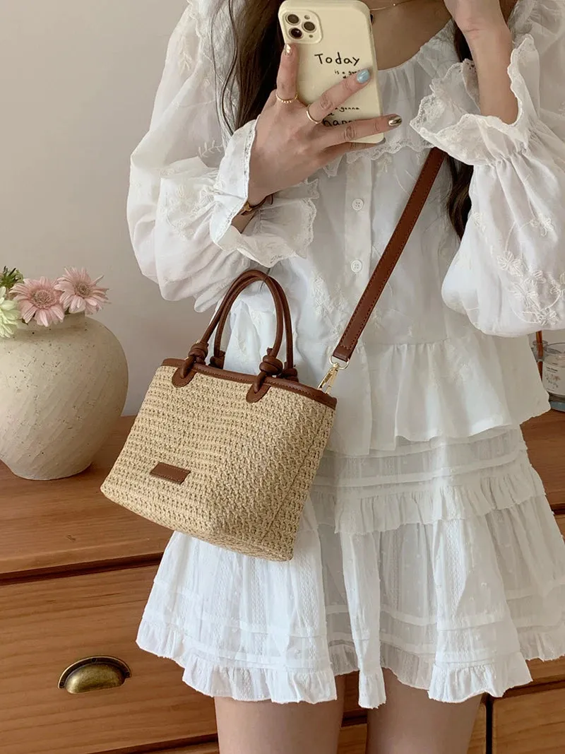 VAIGE Summer Vacation Woven Straw Shoulder Bag with Interior Zipper Pocket - Retro Design Portable Crossbody Tote Handbag