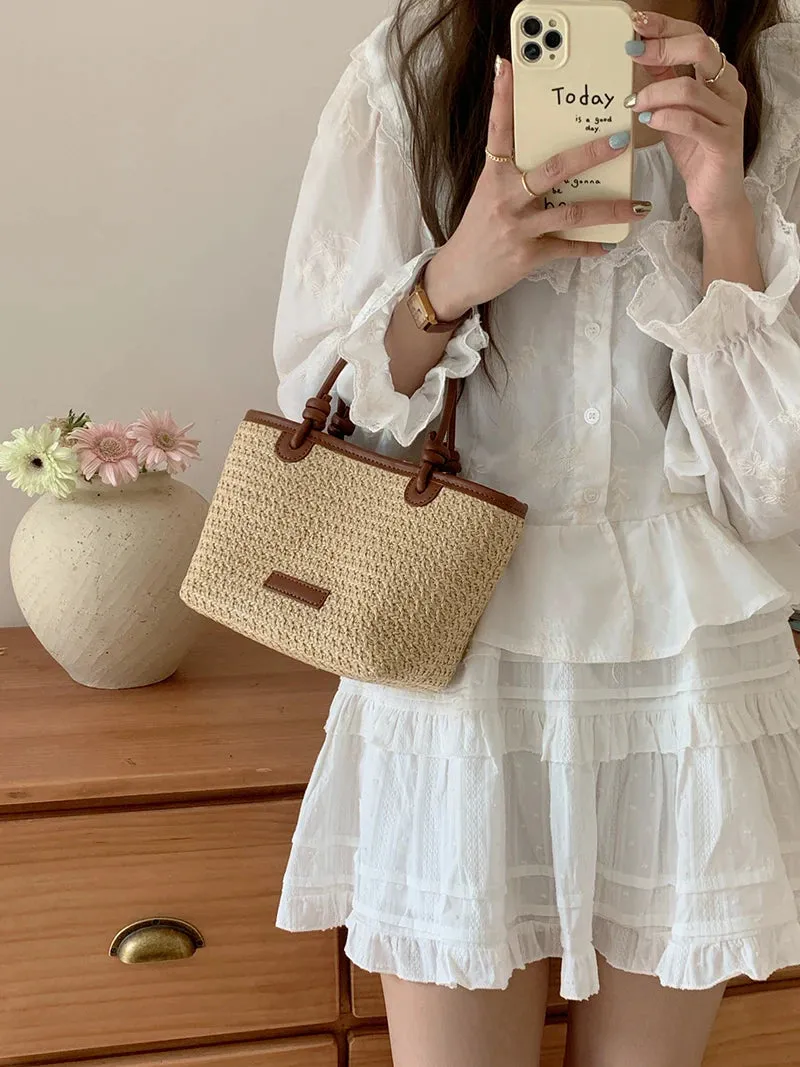VAIGE Summer Vacation Woven Straw Shoulder Bag with Interior Zipper Pocket - Retro Design Portable Crossbody Tote Handbag