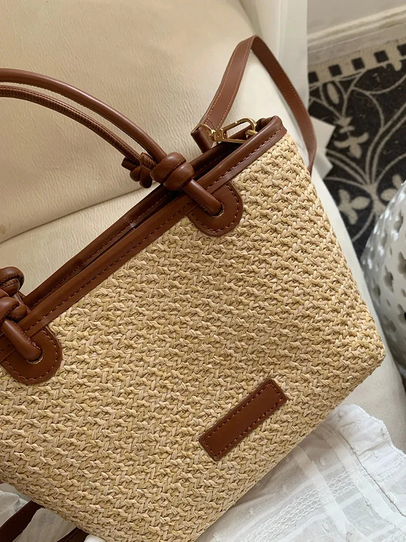 VAIGE Summer Vacation Woven Straw Shoulder Bag with Interior Zipper Pocket - Retro Design Portable Crossbody Tote Handbag