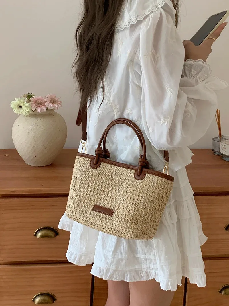 VAIGE Summer Vacation Woven Straw Shoulder Bag with Interior Zipper Pocket - Retro Design Portable Crossbody Tote Handbag