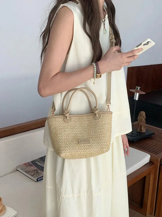 VAIGE Summer Vacation Woven Straw Shoulder Bag with Interior Zipper Pocket - Retro Design Portable Crossbody Tote Handbag