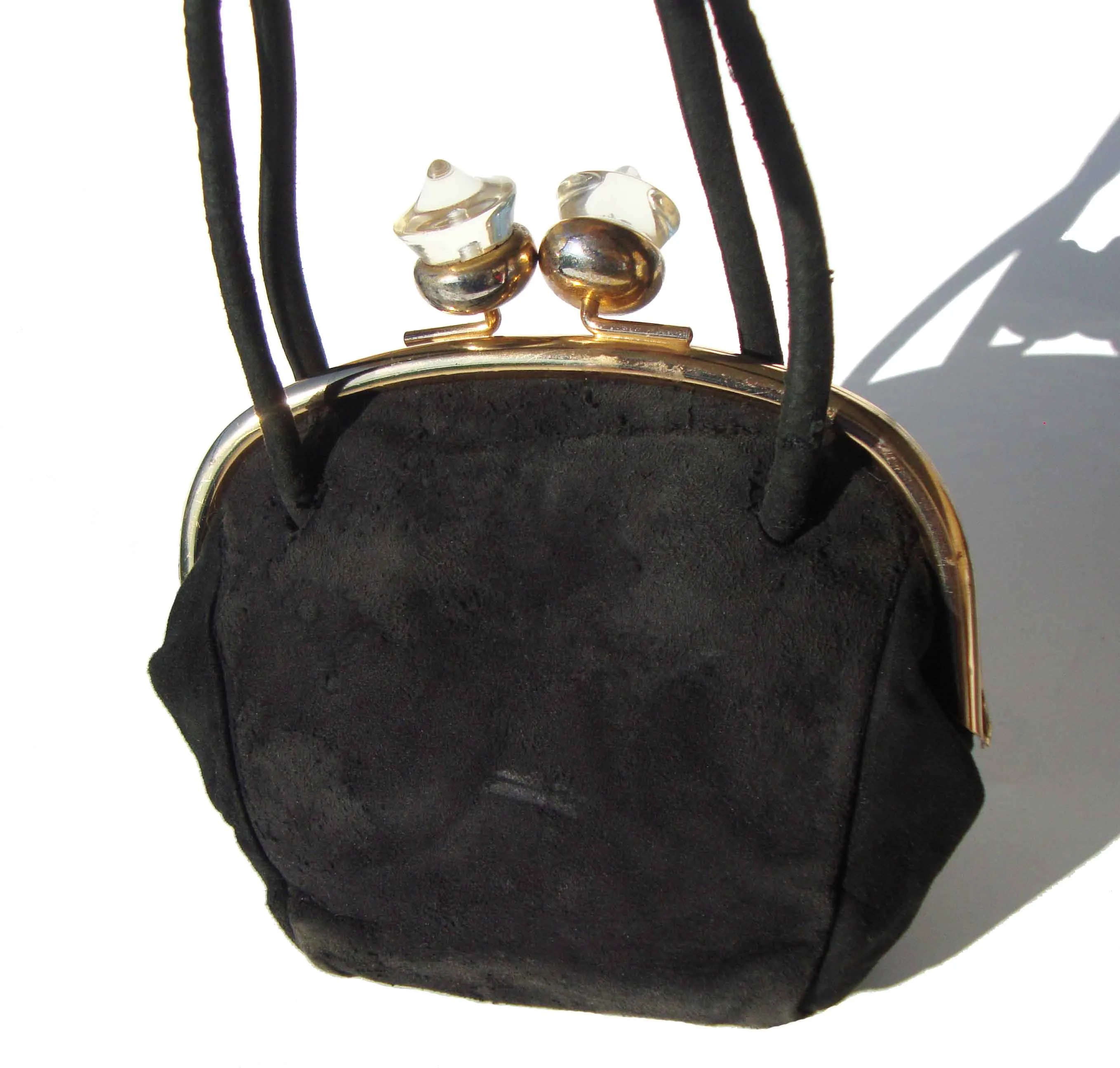 Vintage 40s Bag Black Suede & Lucite Clasp Art Deco Handbag